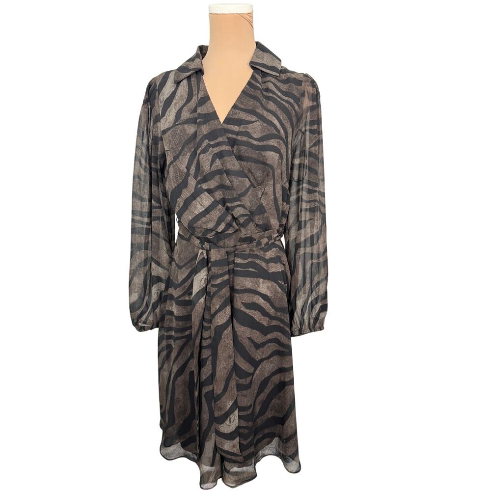 DKNY Animal Print Wrap Midi Dress Sheer Overlay Belted Size 8
